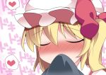  1girl blonde_hair blush bust closed_eyes clothes_sniffing commentary_request flandre_scarlet hair_ribbon hammer_(sunset_beach) hat heart ribbon short_hair side_ponytail solo spoken_heart touhou 