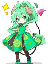  1girl ahoge alternate_costume alternate_eye_color alternate_hair_color alternate_hairstyle arms_at_sides blush brown_horns brown_pantyhose china_dress chinese_clothes closed_mouth commentary_request curled_horns demon_girl demon_horns demon_tail dot_nose dress full_body green_dress green_hair green_shoes highres horns kotatsu-mazoku lilith_(homunculus)_(machikado_mazoku) lilith_(machikado_mazoku) long_hair looking_at_viewer machikado_mazoku mandarin_collar pantyhose shoes short_sleeves sidelocks simple_background smile solo sparkle standing tail white_background 