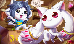  1girl absurdres black_hair blush bone box cardboard_box cat chibi chibi_only commission double_horizontal_stripe east-west_crossover fang highres ichimoral kyubey mahou_shoujo_madoka_magica potion red_eyes shirt speech_bubble striped_clothes striped_shirt temmie trait_connection undertale utdr_(toby_fox) white_fur 