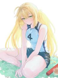  1girl ahoge artoria_caster_(fate) artoria_pendragon_(fate) black_shorts blonde_hair commentary_request fate/grand_order fate_(series) grass green_eyes gym_uniform highres long_hair on_ground relay_baton shorts sitting suk_195 sweat twintails twitter_username 