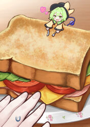  1girl 1other :d black_hat bow cheese collared_shirt commentary_request daia_(daia9132) disembodied_linked_eye eyeball fang food fork frilled_shirt_collar frilled_sleeves frills green_eyes green_hair hat hat_bow heart highres holding holding_fork holding_knife knife komeiji_koishi lettuce long_sleeves mini_person minigirl open_mouth pov pov_hands sandwich shirt skin_fang smile solo_focus tomato tomato_slice touhou wide_sleeves yellow_bow yellow_shirt 