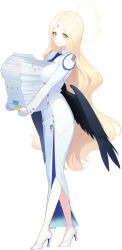  1girl ayumu_(blue_archive) black_wings blonde_hair blue_archive blue_dress blue_necktie breasts collared_dress dress feathered_wings forehead_jewel full_body game_asset gloves green_eyes half_gloves halo heel_up high_heels highres holding holding_paper large_breasts long_hair long_sleeves multicolored_dress necktie official_art paper paper_stack parted_bangs shoes simple_background solo standing transparent_background very_long_hair wavy_hair white_dress white_shoes wings yellow_halo 