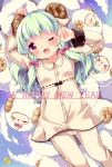  &gt;_&lt; 1girl aqua_hair arms_up dress hair_ribbon happy_new_year horns irori long_hair lying new_year on_back one_eye_closed open_mouth original pink_eyes ribbon rubbing_eyes sheep sheep_girl sheep_horns silver_hair solo waking_up white_dress 