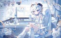  1girl :3 absurdres artist_name bare_shoulders blue_eyes blush chair closed_mouth commission computer_keyboard controller crossed_bangs cyano double-parted_bangs feet_out_of_frame game_controller gaming_chair hair_between_eyes heterochromia highres horns kneehighs looking_at_viewer microphone mihuashi_commission monitor navel on_chair original shirt short_hair short_sleeves sitting smile socks solo swivel_chair white_hair white_shirt white_socks 