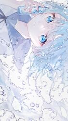  1girl black_ribbon blue_eyes blue_hair blue_sailor_collar blue_theme bottle commentary_request dot_nose fingernails from_side hand_up highres holding holding_bottle kiwi500g liquid_hair looking_at_viewer neck_ribbon original parted_lips pink_nails portrait ramune ribbon sailor_collar sanpaku shirt short_hair sideways simple_background solo splashing swept_bangs water water_drop white_background white_shirt 