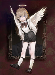  1boy absurdres aged_down angel angel_wings arms_behind_back black_shorts blonde_hair bow bowtie collared_shirt full_body fura_kanato halo highres kneehighs legwear_garter loafers long_sleeves male_focus matsuhago nijisanji portrait_(object) red_bow red_bowtie shirt shoes short_hair shorts smile socks solo suspenders traditional_halo violet_eyes virtual_youtuber white_shirt wings 