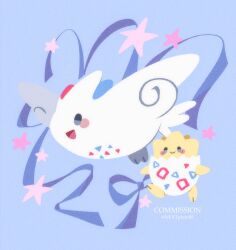  :d black_eyes blue_background blue_ribbon closed_mouth egg flying highres next_pluto no_humans open_mouth pokemon pokemon_(creature) pokemon_focus ribbon smile solid_oval_eyes star_(symbol) togekiss togepi wings 