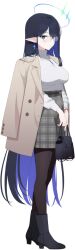  1girl ankle_boots bag black_boots black_hair black_pantyhose blue_archive blue_eyeliner blue_eyes blue_hair blue_halo boots breasts brown_jacket closed_mouth coat coat_on_shoulders colored_inner_hair earrings eyeliner full_body game_asset glasses grey_skirt halo handbag highres holding holding_bag jacket jewelry large_breasts long_hair long_sleeves makeup multicolored_hair multicolored_halo official_art pantyhose plaid_clothes plaid_skirt pointy_ears rin_(blue_archive) rin_(casual)_(blue_archive) round_eyewear simple_background skirt slit_pupils solo sparkle sparkle_earrings standing straight_hair sweater sweater_tucked_in transparent_background turtleneck turtleneck_sweater two-tone_hair two-tone_halo very_long_hair white_sweater 