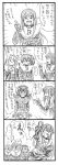  4girls 4koma :d akagi_(kantai_collection) akitsu_maru_(kantai_collection) alternate_costume bbb_(friskuser) comic hakaider hakaider_(cosplay) hat headband highres kaga_(kantai_collection) kantai_collection kikaider_(series) long_hair monochrome multiple_girls open_mouth peaked_cap short_hair shoukaku_(kantai_collection) side_ponytail smile sweat translation_request 