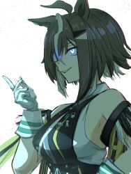  1girl ahoge animal_ears bare_shoulders black_shirt blue_eyes brown_hair chess_piece collared_shirt dice disfiro03 ear_ornament fang feathers gloves glowing glowing_eyes grey_streaks hair_intakes hair_ornament hair_over_one_eye hairclip highres horse_ears horse_girl looking_ahead multicolored_hair rook_(chess) rulership_(monochrome_gm)_(umamusume) rulership_(umamusume) shirt short_hair sleeveless sleeveless_shirt smile snapping_fingers solo streaked_hair umamusume white_background white_gloves white_shirt 