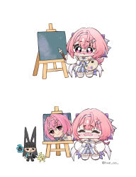  2girls animal_ears black_hair black_necktie blush canvas_(object) chibi chibi_only closed_mouth commentary dress easel fake_facial_hair fake_mustache food fox_ears fox_girl fruit hair_between_eyes hair_ornament hairclip hands_on_own_hips highres holding holding_paint_palette holding_paintbrush hoshimi_miyabi hue_oo long_hair melon multiple_girls necktie open_mouth paint_palette paintbrush painting_(object) pink_hair remielle_dan simple_background tailless_(zenless_zone_zero) thigh-highs untranslatable_commentary violet_eyes white_background white_dress white_thighhighs white_wings wings zenless_zone_zero 