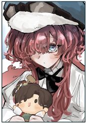  1girl alternate_costume black_bow black_bowtie blue_hair border bow bowtie character_doll chksangyo closed_mouth doll dot_mouth goggles goggles_on_head hair_over_one_eye hat holding holding_doll jiu_niangzi juliet_sleeves long_hair long_sleeves looking_at_viewer newsboy_cap one_eye_covered portrait puffy_sleeves red_hair reverse:1999 shirt solo traditional_bowtie white_border white_shirt yenisei_(reverse:1999) 