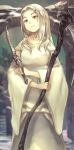  1girl dagger dark_souls dragon_girl dragon_horns dress green_eyes hair_intakes holding horns jikan_hakushaku long_hair long_sleeves priscilla_the_crossbreed scythe snow snowing solo souls_(from_software) weapon white_dress white_hair 