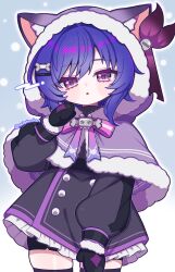  1girl animal_ears animal_hood belt black_belt black_dress black_gloves black_shorts cape capelet cat_hood child commentary_request dress fake_animal_ears fur-trimmed_capelet fur_trim genshin_impact gloves goth_fashion hair_between_eyes hair_ornament hairclip highres hood hoodie looking_at_viewer open_mouth prune_(genshin_impact) purple_hair purple_hoodie purple_ribbon ribbon short_hair shorts shorts_under_dress simple_background tenchan_080515 thigh-highs violet_eyes winter_clothes 