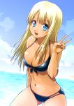  1girl alessandra_susu bikini blonde_hair blue_eyes blush breasts cleavage clouds front-tie_top hitsukirai large_breasts long_hair looking_at_viewer navel open_mouth sky smile solo swimsuit tokyo_7th_sisters v 