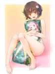  1girl bare_legs barefoot brown_eyes brown_hair dakimakura_(object) hair_ornament highres original panties pillow pink_eyes pink_hair pointy_ears short_hair side_ponytail solo underwear underwear_only wacchi 