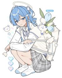  :| alternate_costume alternate_hairstyle ankle_socks backpack bag bare_legs bear blue_eyes blue_flower blue_hair blue_nails blue_tulip bow candy closed_mouth collared_shirt commentary dot_nose flower food grey_skirt hair_ornament hairclip halo heart highres holding holding_candy holding_food holding_lollipop hololive hoshimachi_suisei hugging_own_legs light_blush loafers lollipop long_sleeves looking_at_viewer medium_hair plaid_bow plaid_clothes plaid_skirt shirt shoes short-sleeved_sweater short_sleeves simple_background sitting skirt socks star_(symbol) star_hair_ornament star_in_eye sweater symbol_in_eye tai_inukai tulip twitter_username untranslatable_commentary virtual_youtuber white_background white_shoes white_socks wing_hair_ornament 