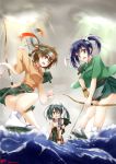  3girls blue_hair bow_(weapon) brown_eyes brown_hair green_eyes green_skirt grey_hair hakama_skirt headband hiryuu_(kantai_collection) japanese_clothes kantai_collection looking_at_viewer multiple_girls ocean one_eye_closed open_mouth sandals short_hair skirt souryuu_(kantai_collection) sun_hoshi tabi torn_clothes twintails twitter_username weapon yugake zuikaku_(kantai_collection) 