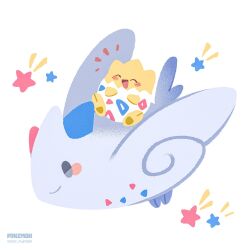  :d black_eyes closed_eyes closed_mouth egg flying highres next_pluto no_humans open_mouth pokemon pokemon_(creature) pokemon_focus riding riding_pokemon smile solid_oval_eyes star_(symbol) togekiss togepi wings 