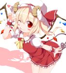  1girl ascot bent_over blonde_hair blush_stickers dress flandre_scarlet hat hat_removed headwear_removed heart horns laevatein looking_at_viewer mob_cap nikku_(ra) one_eye_closed puffy_short_sleeves puffy_sleeves red_dress red_eyes sheep_horns shirt short_sleeves solo touhou wings wrist_cuffs 