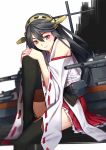  1girl black_hair black_legwear brown_eyes cannon haruna_(kantai_collection) headgear kantai_collection leg_hug light_smile long_hair looking_at_viewer mecha_musume miniskirt nontraditional_miko one_leg_raised pleated_skirt ribbon-trimmed_sleeves ribbon_trim sakamoto_mineji sitting skirt solo thigh-highs turret 