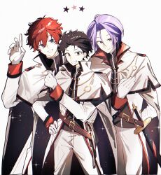  3236ques 3boys arm_up belt belt_buckle black_belt black_shirt black_trim blue_eyes brown_eyes brown_hair buckle cape closed_mouth collared_cape commentary_request contrapposto curtained_hair grin hand_on_own_chest hand_on_own_hip highres julius_juukulius looking_at_viewer looking_to_the_side male_focus multiple_boys natsuki_subaru pants parted_bangs purple_hair re:zero_kara_hajimeru_isekai_seikatsu red_cape red_hair reinhard_van_astrea scabbard sheath shirt short_hair sideways_glance sleeve_cuffs smile standing star_(symbol) sword thumbs_up two-sided_cape two-sided_fabric weapon white_background white_cape white_pants white_trim 