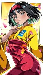  1girl black_eyes black_hair blush commentary erika_(pokemon) falling_petals grin hakama highres japanese_clothes kimono looking_at_viewer petals poke_ball_print pokemon red_hakama shiki_(kisikisi1007) short_hair smile solo yellow_kimono 