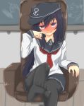  1girl akatsuki_(kantai_collection) black_hair blush chair feet i_b_b_e kantai_collection long_hair looking_at_viewer neckerchief pantyhose school_uniform serafuku sitting skirt smile solo violet_eyes 