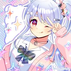  1girl :q ;q animal_ear_fluff animal_ears black_bow blue_hair blush bow breasts cardigan closed_mouth collarbone collared_shirt commentary_request diagonal-striped_background diagonal-striped_bow dress_shirt hair_ornament hairclip hololive kou_hiyoyo long_hair multicolored_hair off_shoulder one_eye_closed open_cardigan open_clothes pink_cardigan pixelated rabbit-shaped_pupils rabbit_ears red_eyes school_uniform shirt short_eyebrows side_ponytail small_breasts smile solo sparkle streaked_hair striped_background striped_bow symbol-shaped_pupils thick_eyebrows tongue tongue_out twitter_username usada_pekora usada_pekora_(12th_costume) v white_bow white_hair white_shirt 