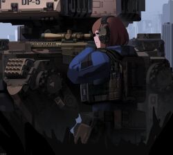  1girl absurdres aiming brown_hair bulletproof_vest cityscape cqcnorthfish expressionless facing_away gloves grey_sky gun headphones highres m110_sass magazine_(weapon) mecha original pouch radio rifle robot scope short_hair sky sniper_rifle tactical_clothes tactical_gloves thigh_pouch weapon 