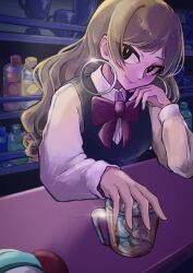  alcohol bar_(place) barista barista_(rhythm_tengoku) black_eyes black_vest bottle bow bowtie brown_hair cup dog earrings glass highres holding holding_cup hoop_earrings ice jewelry long_air lounge_owner_(rhythm_tengoku) luna_tic_303 red_bow red_bowtie rhythm_tengoku rhythm_tengoku_miracle_stars shirt smile vest white_dog 