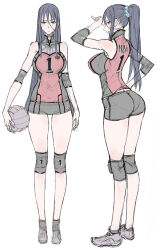   1girl ball bare_shoulders blue_eyes blue_hair blush breasts covered_nipples elbow_pads gym_shorts holding holding_ball honjou_raita huge_breasts knee_pads long_hair looking_at_viewer mahou_shoujo_(raita) open_mouth shirt shorts simple_background sleeveless sportswear suzuhara_misae very_long_hair volleyball_(object) volleyball_(sport) volleyball_uniform