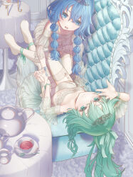  2girls absurdres barefoot blue_hair braid commentary_request couch cup daifuku_(fd0925fd0925fd) date_a_live dress feet foot_focus frills green_hair highres himekawa_yoshino indoors kyouno_natsumi long_hair looking_at_viewer lying multiple_girls siblings table tea teacup teapot twins upside-down 