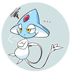  :t absurdres azelf blue_background border closed_mouth commentary_request crossed_arms forehead_jewel full_body half-closed_eyes highres multiple_tails pokemon pokemon_(creature) pokemon_focus pout round_border shin_(user_66203575) simple_background solo squiggle tail translation_request yellow_eyes 