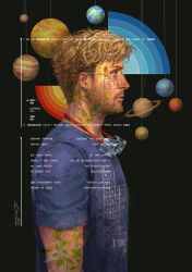  1boy beard beard_stubble blackwood_(shanblackwood) casual earth_(planet) facial_hair highres jupiter_(planet) male_focus mars_(planet) messy_hair orbital_path planet planetary_ring project_hail_mary ryland_grace saturn_(planet) solar_system solo space stubble 