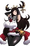  1girl arms_up arulumaya black_gloves breasts brown_eyes brown_hair christmas elbow_gloves gloves granblue_fantasy horns huge_breasts long_hair mole mole_under_eye simple_background solo thighs torii5011 white_background wide_hips 