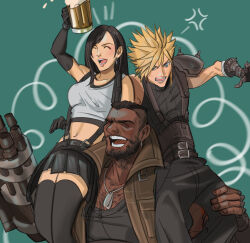  1girl 2boys anger_vein arm_cannon arm_up armor bare_shoulders barret_wallace beer_mug belt belt_buckle black_gloves black_hair black_skirt black_thighhighs blonde_hair blue_eyes brown_vest buckle closed_eyes cloud_strife crop_top cup dark-skinned_male dark_skin dog_tags earrings english_commentary facial_hair final_fantasy final_fantasy_vii final_fantasy_vii_remake gloves green_background highres holding holding_cup jewelry long_hair midriff mug multiple_belts multiple_boys navel on_shoulder open_mouth short_hair shoulder_armor shy_(ribboneels) sitting sitting_on_person sitting_on_shoulder skirt sleeveless sleeveless_turtleneck spiky_hair suspender_skirt suspenders sweater tank_top thigh-highs tifa_lockhart turtleneck turtleneck_sweater vest weapon white_tank_top zettai_ryouiki 