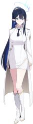  1girl black_hair black_necktie blue_archive blue_eyeliner blue_eyes blue_hair blue_halo boots breasts closed_mouth collared_dress colored_inner_hair dress earrings eyeliner full_body game_asset gun hair_between_eyes hair_ornament hairclip halo handgun heel_up highres jacket jewelry large_breasts long_hair looking_at_viewer makeup multicolored_hair necktie official_alternate_costume official_art pencil_dress pointy_ears ponytail rin_(blue_archive) schale_logo short_dress short_necktie simple_background slit_pupils solo sparkle sparkle_earrings standing transparent_background utnapishtim_operator_uniform_(blue_archive) very_long_hair weapon white_boots white_dress white_jacket 