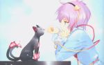  1girl animal cat eyeball fire hairband heart highres kaenbyou_rin kaenbyou_rin_(cat) komeiji_satori long_sleeves looking_at_another multiple_tails pink_eyes pink_hair profile scan shirt short_hair simple_background string table tail third_eye touhou ueda_ryou wide_sleeves 