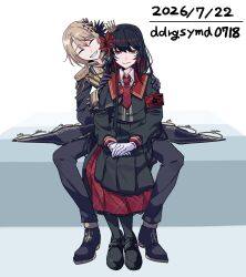  2girls aiguillette armband artist_name belt black_capelet black_coat black_gloves black_hair black_pants black_pantyhose black_shirt black_shoes black_skirt blonde_hair capelet closed_eyes closed_mouth coat collared_shirt commentary_request crown curtained_hair dated diamond_hair_ornament dogeyama_um epaulettes flower full_body gloves hair_flower hair_ornament hands_on_another's_shoulders hasumi_leia high_collar highres layered_skirt long_hair long_skirt long_sleeves mahou_shoujo_no_majo_saiban mini_crown multiple_girls necktie nikaido_hiro overskirt own_hands_together pants pantyhose plaid_clothes plaid_necktie plaid_skirt pleated_skirt red_armband red_eyes red_flower red_necktie red_skirt ripples sash shirt shoes short_hair shoulder_sash side_capelet signature simple_background sitting skirt smile teeth white_background white_gloves white_shirt yuri 