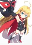  1girl ahoge aqua_eyes armpits black_gloves blonde_hair cape doronjo gloves holding hyuuga_azuri long_hair looking_at_viewer mask smile solo yoru_no_yatterman 