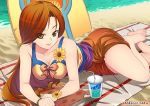  1girl bare_shoulders beach breasts brown_eyes cleavage eyes_visible_through_hair league_of_legends leona_(league_of_legends) lips long_hair looking_at_viewer lying on_side orange_hair sarong takejun water 