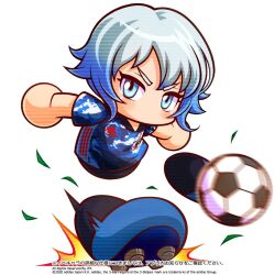 1girl adidas artist_request ball black_shoes blue_eyes blue_hair blue_pants blue_shirt blue_shoes commentary_request copyright_notice gradient_hair japanese_national_soccer_team_uniform jikkyou_powerful_pro_yakyuu jikkyou_powerful_pro_yakyuu_(style) jikkyou_powerful_soccer leaf multicolored_hair multicolored_shoes no_mouth official_art pants playing_sports rayman_limbs shirt shoes short_hair short_sleeves soccer_ball soccer_uniform solo sportswear touga_tsukasa translation_request two-tone_shoes white_background white_hair 