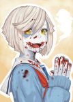  blood blood_in_mouth blood_on_face bloody_clothes chiot_(god_eater) god_eater god_eater_burst hands_together happy open_mouth school_uniform shaun_(fallenicons) sweater white_hair yellow_eyes 