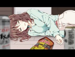  1girl alcohol animal_ears aqua_shirt beer beer_can belt blush breasts brown_hair can chips_(food) closed_eyes commentary_request drink_can drunk ear_ornament food hair_ornament hairclip horse_ears horse_girl horse_tail jewelry large_breasts light_hello_(umamusume) long_hair long_sleeves lying miniskirt necklace on_ground on_side open_mouth pink_belt pink_eyes pink_nails potato_chips shirt skirt sleeping tail tanaka_wonder umamusume white_skirt 