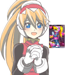  1girl absurdres blonde_hair blue_eyes blush ciel_(mega_man) dress gloves highres long_hair mega_man_(series) mega_man_zero_(series) own_hands_clasped own_hands_together pink_dress ponytail raica_(khongbautroi) white_gloves 