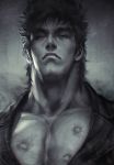  1boy frown highres hokuto_no_ken kenshirou manly monochrome muscle realistic solo stanley_lau 