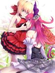 2girls ahoge blonde_hair dress epaulettes fate/extra fate/extra_ccc fate_(series) green_eyes lancer_(fate/extra_ccc) long_hair multiple_girls pink_hair pointy_ears red_dress saber_extra tail tail_bow yude