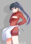  1girl adjusting_clothes apron blue_eyes blue_hair breasts cleavage_cutout highres houshou_(kantai_collection) kantai_collection long_hair looking_at_viewer open-chest_sweater ribbed_sweater simple_background solo sweater sweater_dress tbd11 
