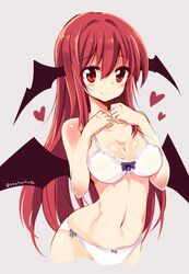  1girl bat_wings blush bow bow_bra bow_panties bra breasts cleavage head_wings koakuma large_breasts long_hair looking_at_viewer matsuri_uta multiple_wings navel panties red_eyes redhead simple_background smile solo touhou twitter_username underwear underwear_only white_bra white_panties wings 